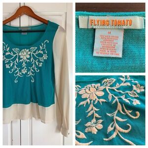 Flying Tomato Embroidered Mesh‎ Sheer Blouse Shirt Womens Medium READ